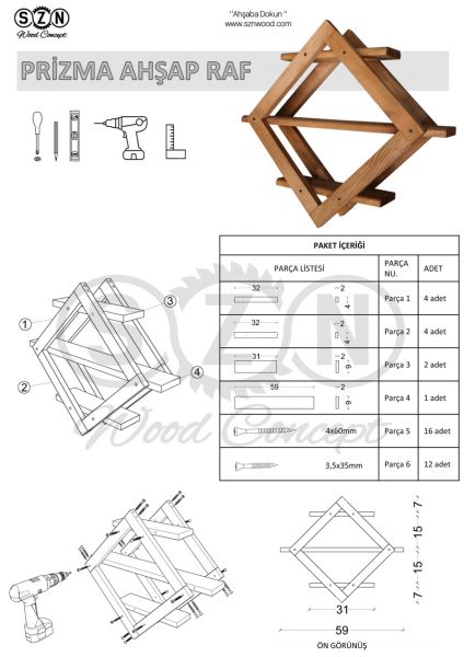 SZN Wood Prizma Ahşap Raf Ladin-Göknar Kendin Yap 59 x 50 x 13 cm SZN51-Teak - - - -