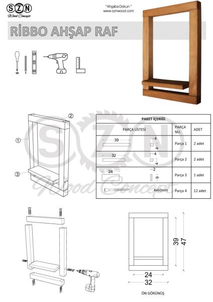 SZN Wood Ribbo Ahşap Raf Ladin-Göknar Kendin Yap 32 x 47 x 9 cm SZN51-Teak - - - -